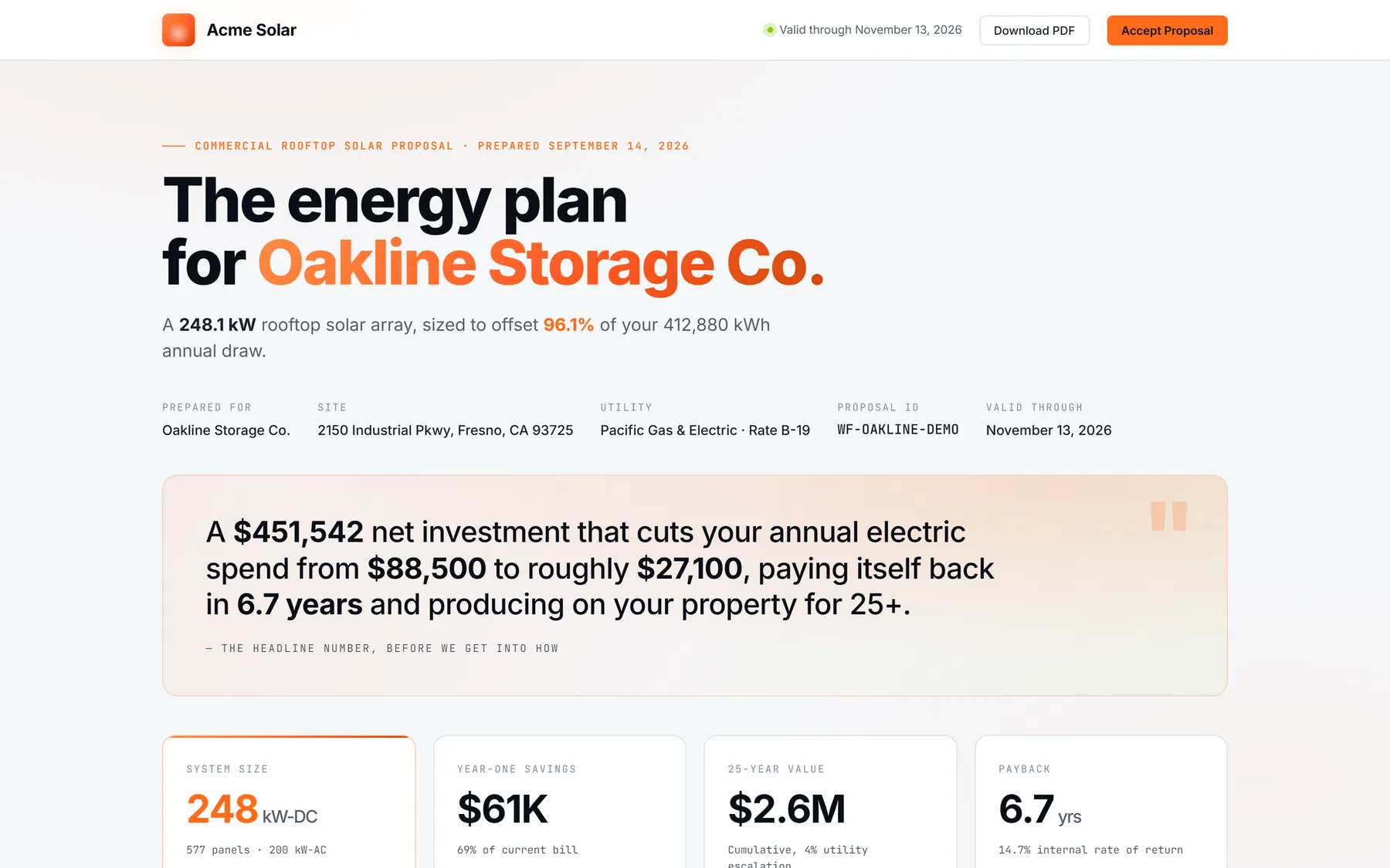 A WattFoundry customer proposal: the energy plan for a commercial warehouse, with system size, year-one savings, 25-year value, and payback