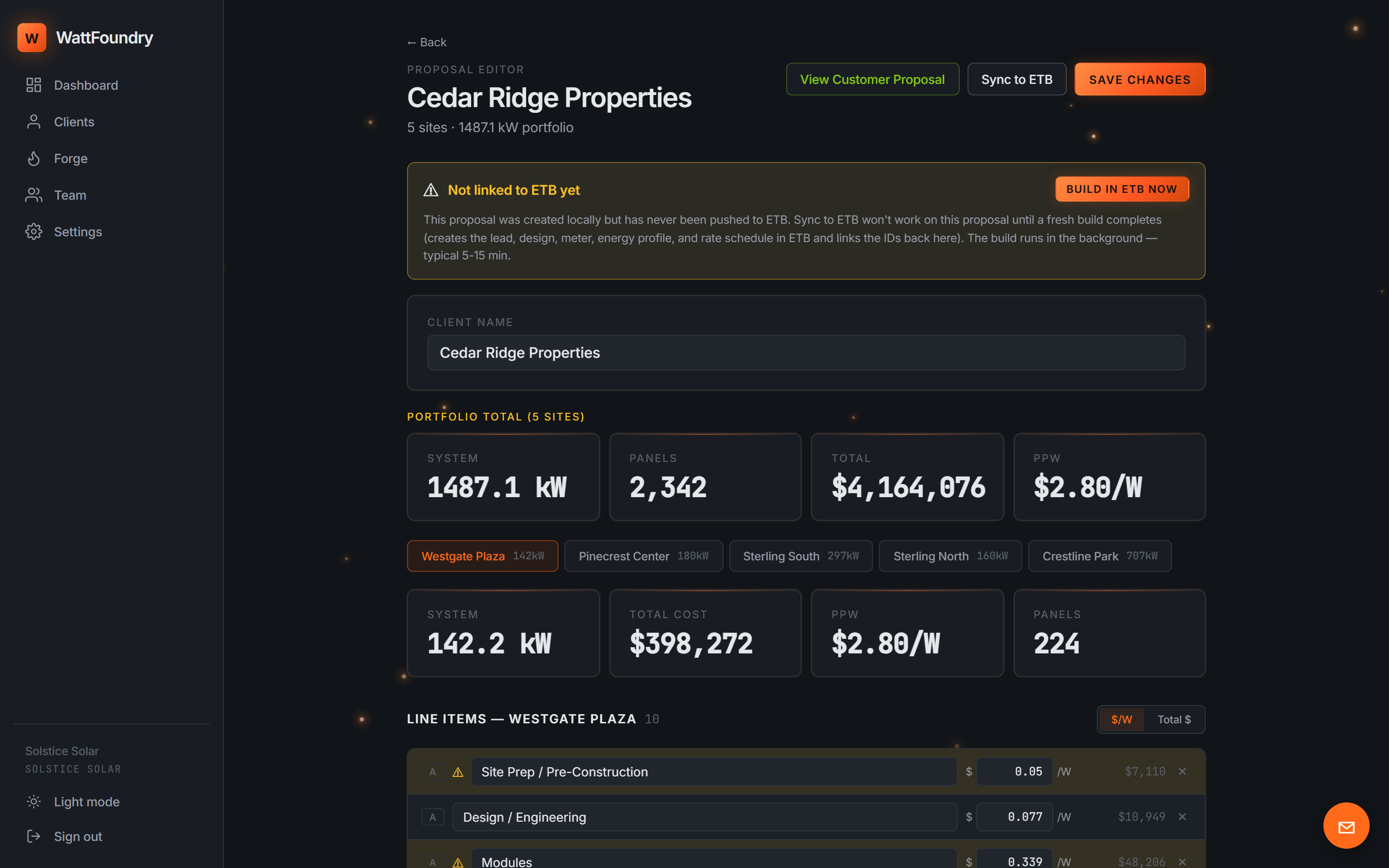 Portfolio proposal editor showing five sites, totals, and live line items