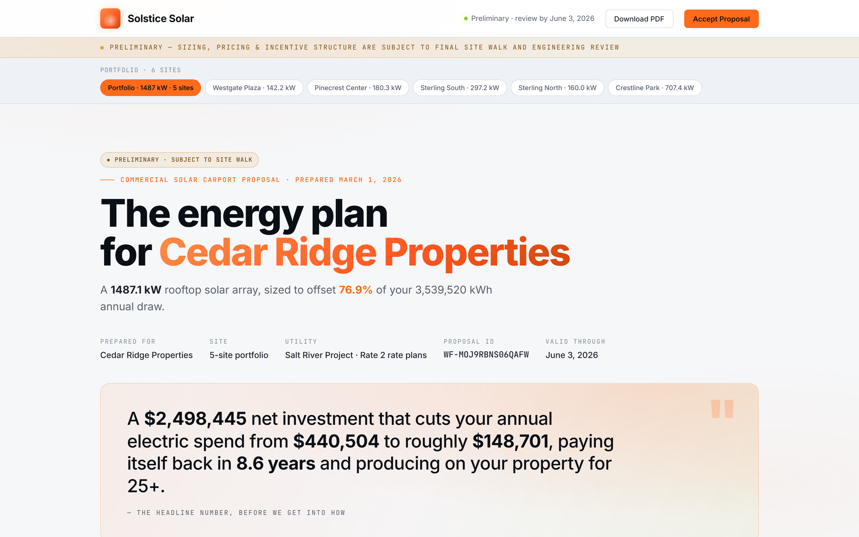 Customer-facing branded proposal with system size, savings, payback, and Accept button